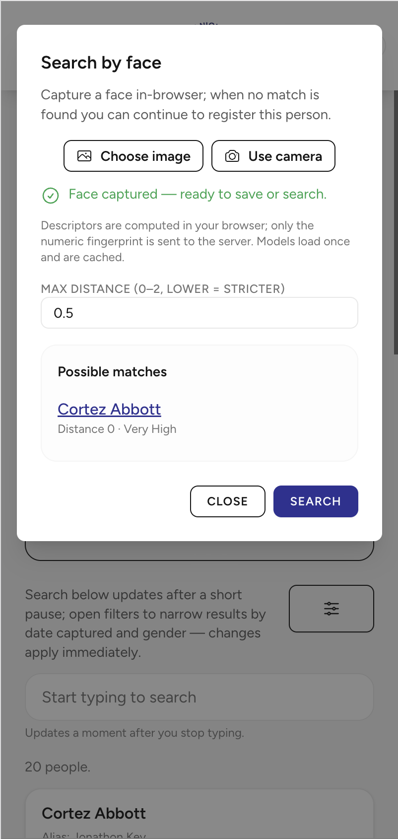 Identification screen showing search by face, with no person in the camera frame.
